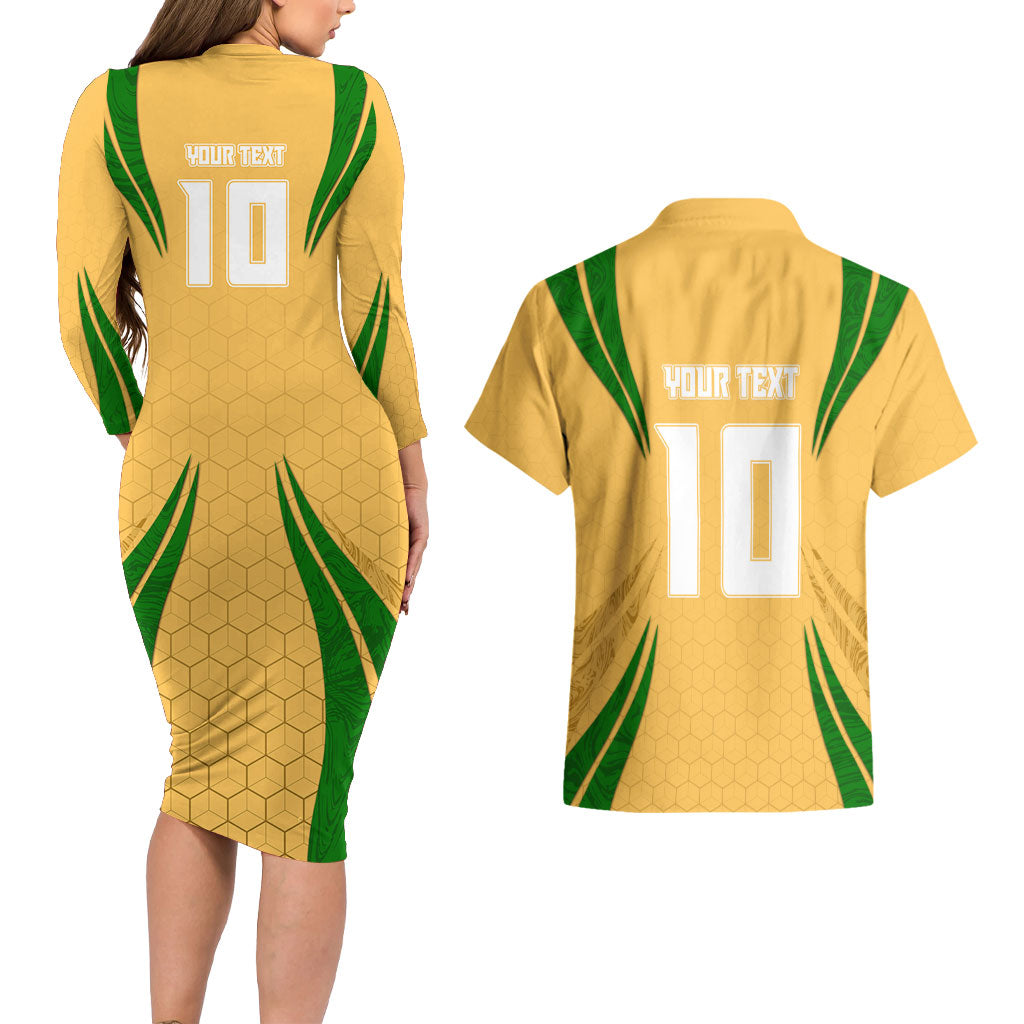 Personalized Australia Soccer Kangaroo Couples Matching Long Sleeve Bodycon Dress and Hawaiian Shirt Gold Green Aussie Football Mascot Dynamic Sports Graphic