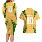 Personalized Australia Soccer Kangaroo Couples Matching Long Sleeve Bodycon Dress and Hawaiian Shirt Gold Green Aussie Football Mascot Dynamic Sports Graphic