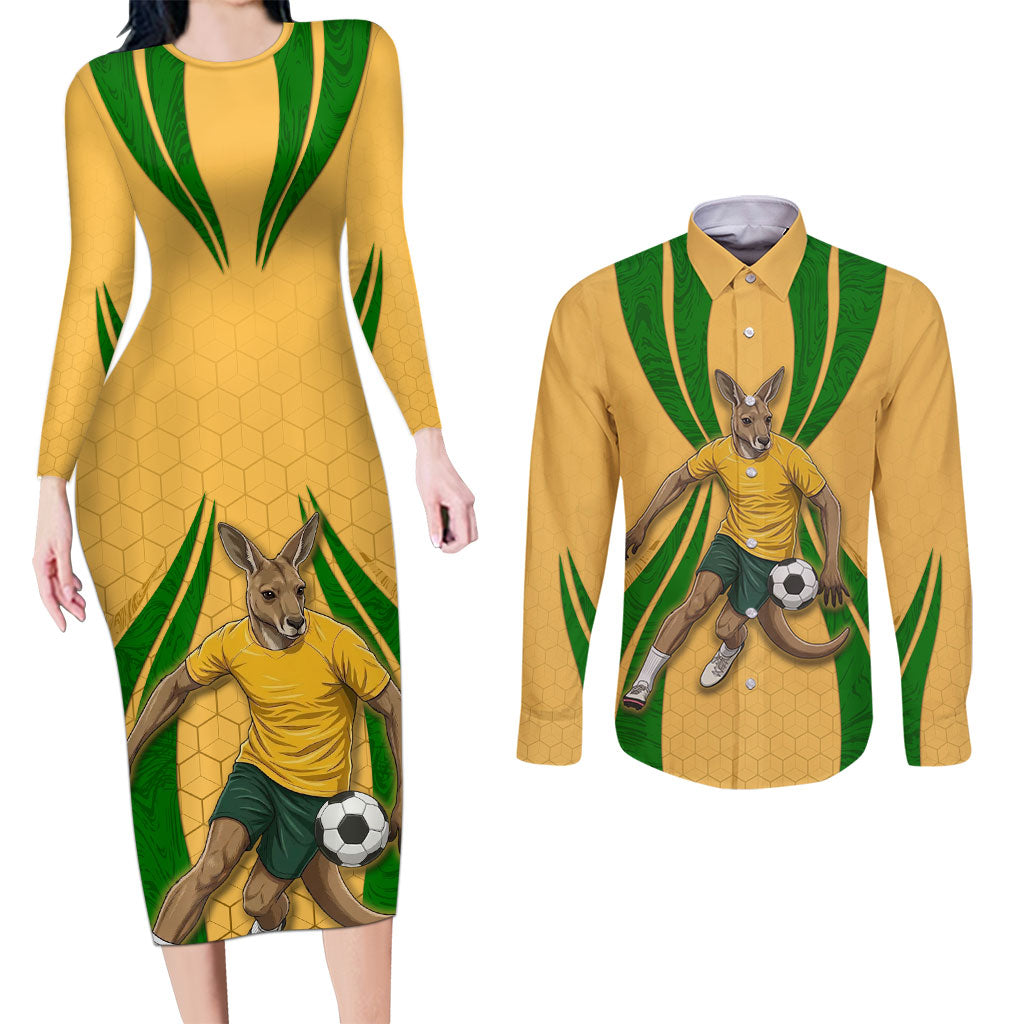 Personalized Australia Soccer Kangaroo Couples Matching Long Sleeve Bodycon Dress and Long Sleeve Button Shirt Gold Green Aussie Football Mascot Dynamic Sports Graphic