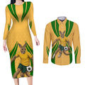 Personalized Australia Soccer Kangaroo Couples Matching Long Sleeve Bodycon Dress and Long Sleeve Button Shirt Gold Green Aussie Football Mascot Dynamic Sports Graphic