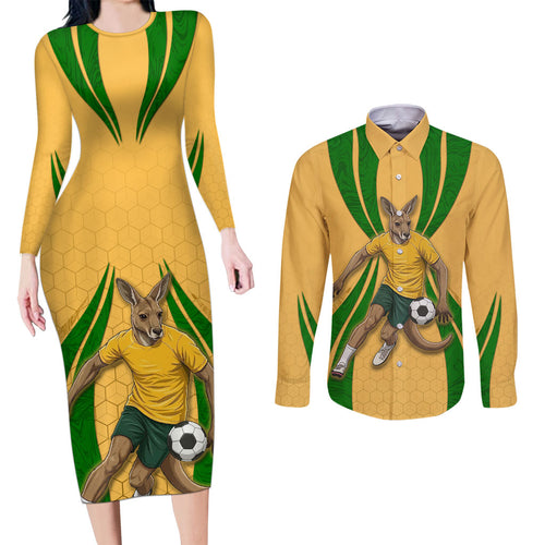 Personalized Australia Soccer Kangaroo Couples Matching Long Sleeve Bodycon Dress and Long Sleeve Button Shirt Gold Green Aussie Football Mascot Dynamic Sports Graphic