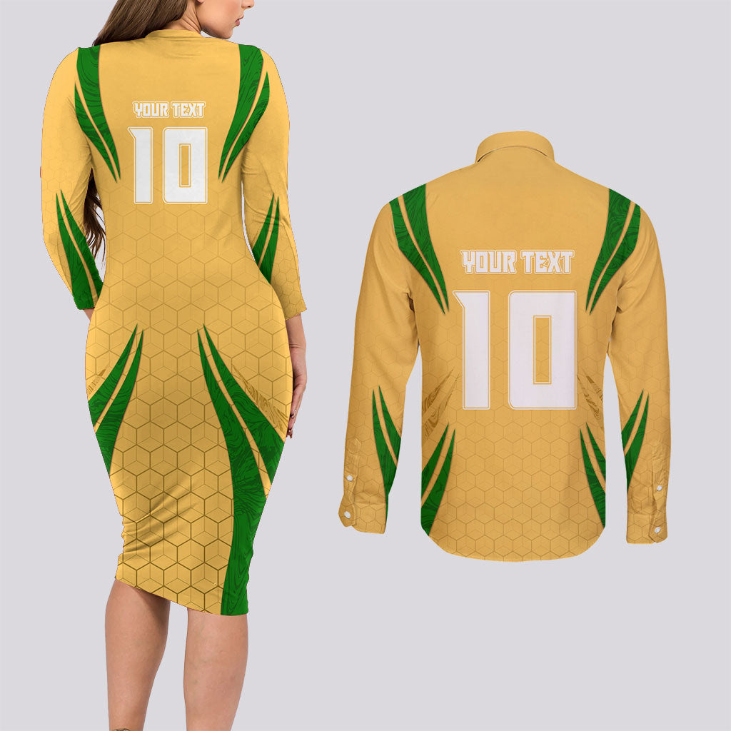 Personalized Australia Soccer Kangaroo Couples Matching Long Sleeve Bodycon Dress and Long Sleeve Button Shirt Gold Green Aussie Football Mascot Dynamic Sports Graphic