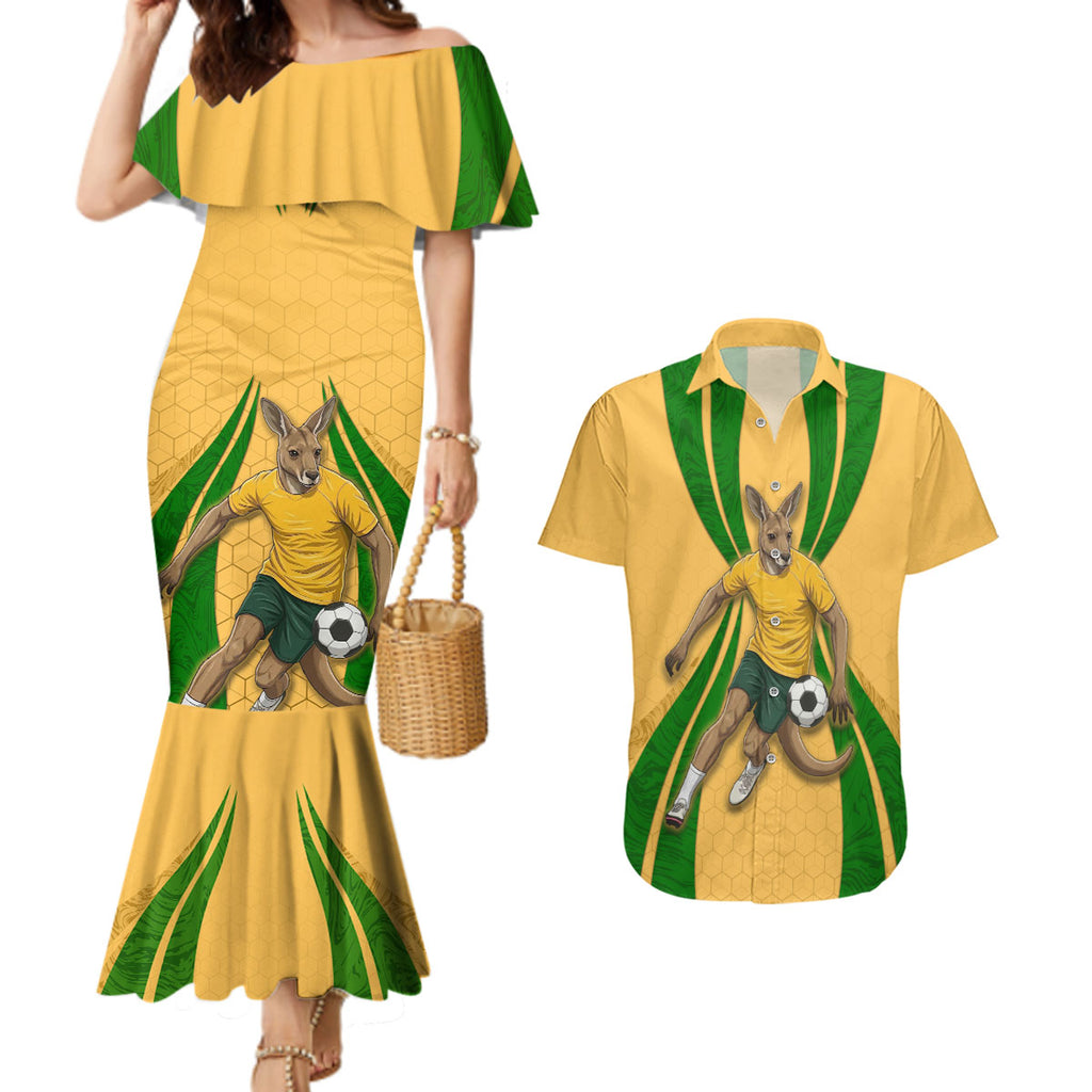 Personalized Australia Soccer Kangaroo Couples Matching Mermaid Dress and Hawaiian Shirt Gold Green Aussie Football Mascot Dynamic Sports Graphic