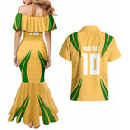 Personalized Australia Soccer Kangaroo Couples Matching Mermaid Dress and Hawaiian Shirt Gold Green Aussie Football Mascot Dynamic Sports Graphic