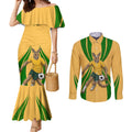 Personalized Australia Soccer Kangaroo Couples Matching Mermaid Dress and Long Sleeve Button Shirt Gold Green Aussie Football Mascot Dynamic Sports Graphic