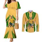Personalized Australia Soccer Kangaroo Couples Matching Mermaid Dress and Long Sleeve Button Shirt Gold Green Aussie Football Mascot Dynamic Sports Graphic