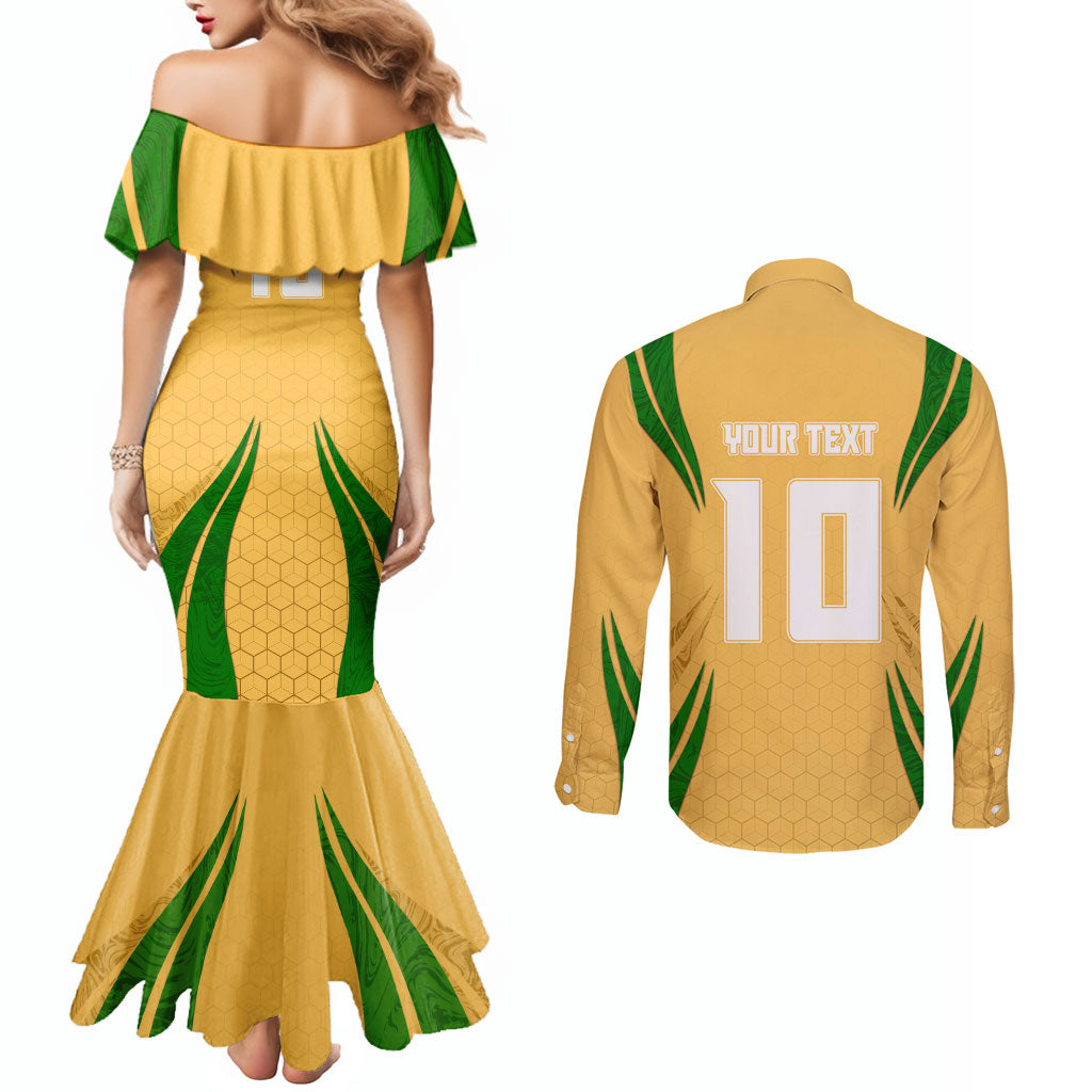 Personalized Australia Soccer Kangaroo Couples Matching Mermaid Dress and Long Sleeve Button Shirt Gold Green Aussie Football Mascot Dynamic Sports Graphic