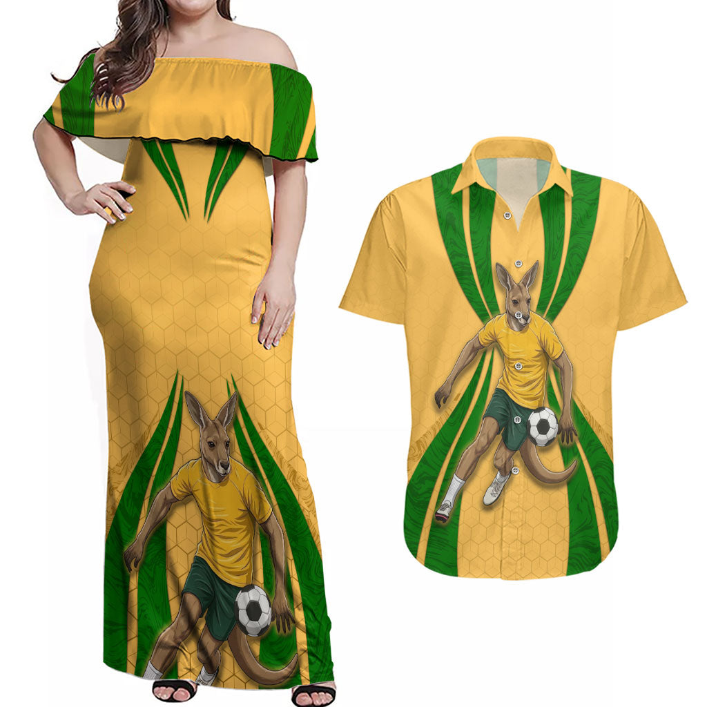 Personalized Australia Soccer Kangaroo Couples Matching Off Shoulder Maxi Dress and Hawaiian Shirt Gold Green Aussie Football Mascot Dynamic Sports Graphic