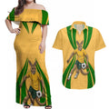 Personalized Australia Soccer Kangaroo Couples Matching Off Shoulder Maxi Dress and Hawaiian Shirt Gold Green Aussie Football Mascot Dynamic Sports Graphic