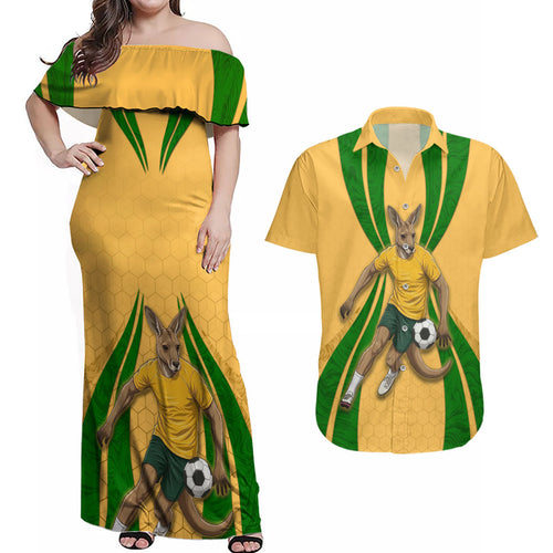 Personalized Australia Soccer Kangaroo Couples Matching Off Shoulder Maxi Dress and Hawaiian Shirt Gold Green Aussie Football Mascot Dynamic Sports Graphic