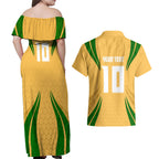 Personalized Australia Soccer Kangaroo Couples Matching Off Shoulder Maxi Dress and Hawaiian Shirt Gold Green Aussie Football Mascot Dynamic Sports Graphic