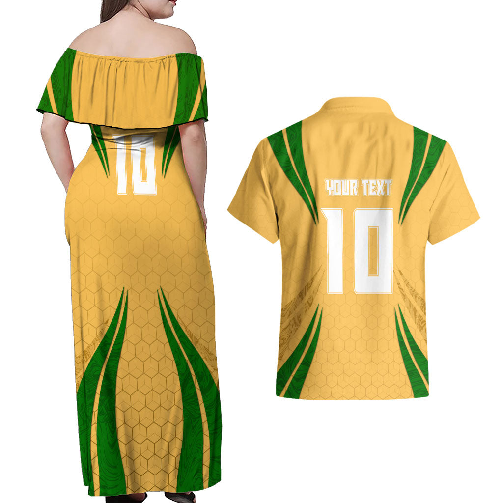 Personalized Australia Soccer Kangaroo Couples Matching Off Shoulder Maxi Dress and Hawaiian Shirt Gold Green Aussie Football Mascot Dynamic Sports Graphic
