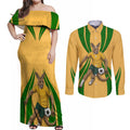 Personalized Australia Soccer Kangaroo Couples Matching Off Shoulder Maxi Dress and Long Sleeve Button Shirt Gold Green Aussie Football Mascot Dynamic Sports Graphic