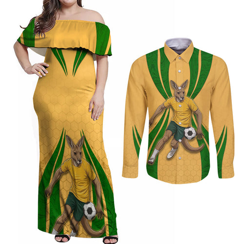 Personalized Australia Soccer Kangaroo Couples Matching Off Shoulder Maxi Dress and Long Sleeve Button Shirt Gold Green Aussie Football Mascot Dynamic Sports Graphic