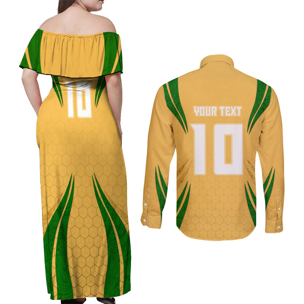Personalized Australia Soccer Kangaroo Couples Matching Off Shoulder Maxi Dress and Long Sleeve Button Shirt Gold Green Aussie Football Mascot Dynamic Sports Graphic