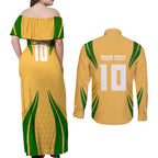 Personalized Australia Soccer Kangaroo Couples Matching Off Shoulder Maxi Dress and Long Sleeve Button Shirt Gold Green Aussie Football Mascot Dynamic Sports Graphic