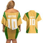 Personalized Australia Soccer Kangaroo Couples Matching Off Shoulder Short Dress and Hawaiian Shirt Gold Green Aussie Football Mascot Dynamic Sports Graphic