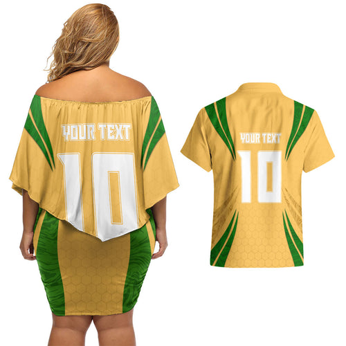 Personalized Australia Soccer Kangaroo Couples Matching Off Shoulder Short Dress and Hawaiian Shirt Gold Green Aussie Football Mascot Dynamic Sports Graphic