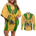 Personalized Australia Soccer Kangaroo Couples Matching Off Shoulder Short Dress and Long Sleeve Button Shirt Gold Green Aussie Football Mascot Dynamic Sports Graphic