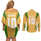 Personalized Australia Soccer Kangaroo Couples Matching Off Shoulder Short Dress and Long Sleeve Button Shirt Gold Green Aussie Football Mascot Dynamic Sports Graphic