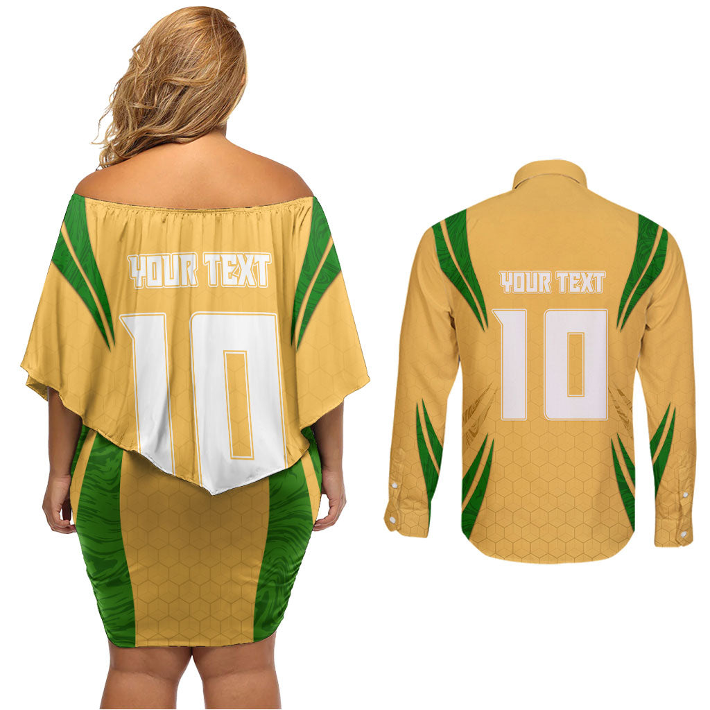 Personalized Australia Soccer Kangaroo Couples Matching Off Shoulder Short Dress and Long Sleeve Button Shirt Gold Green Aussie Football Mascot Dynamic Sports Graphic