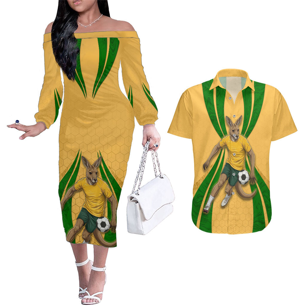Personalized Australia Soccer Kangaroo Couples Matching Off The Shoulder Long Sleeve Dress and Hawaiian Shirt Gold Green Aussie Football Mascot Dynamic Sports Graphic