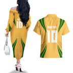 Personalized Australia Soccer Kangaroo Couples Matching Off The Shoulder Long Sleeve Dress and Hawaiian Shirt Gold Green Aussie Football Mascot Dynamic Sports Graphic