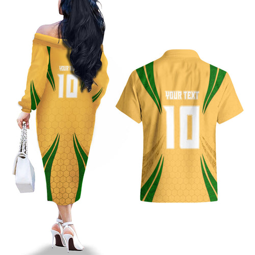 Personalized Australia Soccer Kangaroo Couples Matching Off The Shoulder Long Sleeve Dress and Hawaiian Shirt Gold Green Aussie Football Mascot Dynamic Sports Graphic