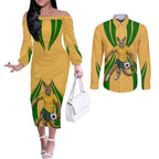 Personalized Australia Soccer Kangaroo Couples Matching Off The Shoulder Long Sleeve Dress and Long Sleeve Button Shirt Gold Green Aussie Football Mascot Dynamic Sports Graphic