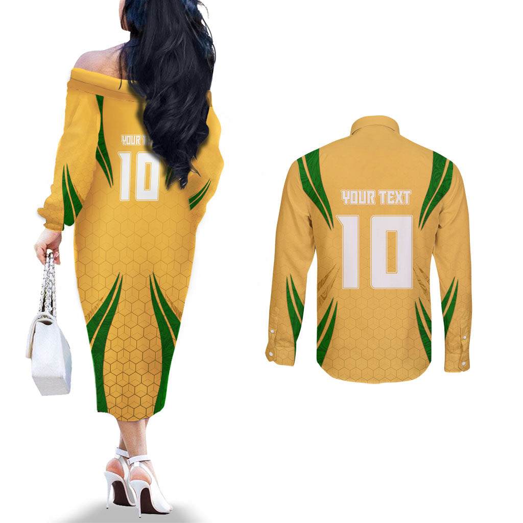 Personalized Australia Soccer Kangaroo Couples Matching Off The Shoulder Long Sleeve Dress and Long Sleeve Button Shirt Gold Green Aussie Football Mascot Dynamic Sports Graphic