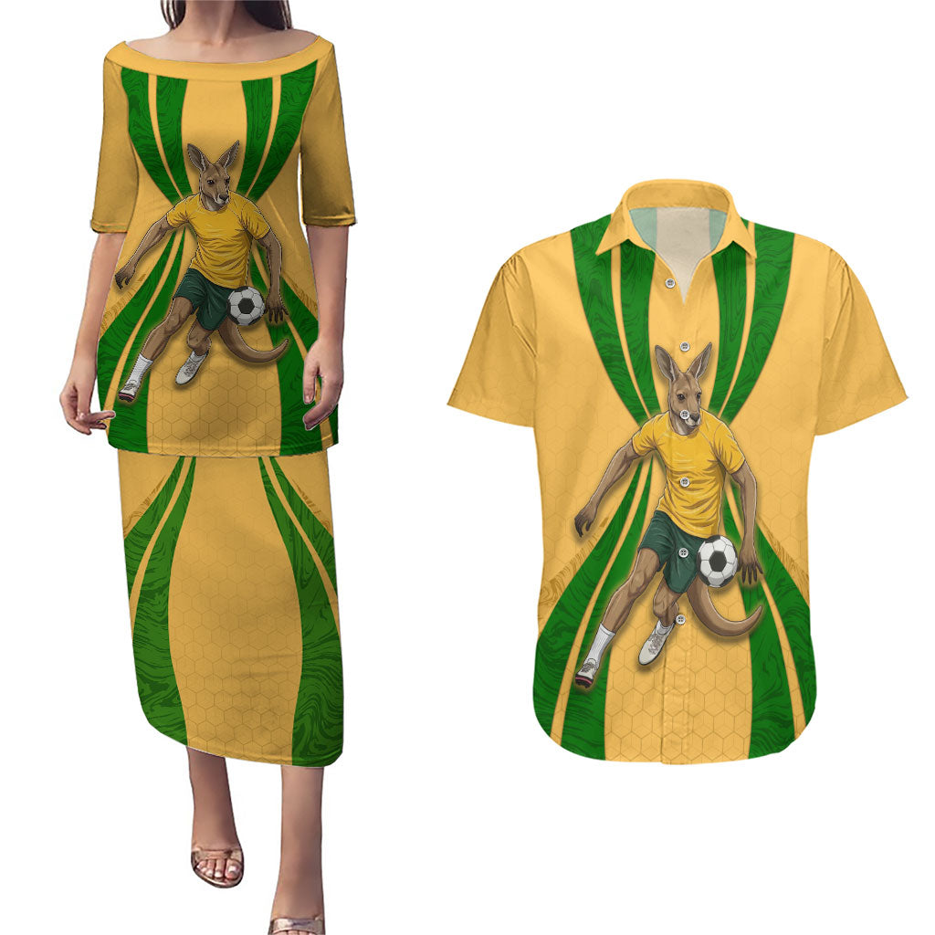 Personalized Australia Soccer Kangaroo Couples Matching Puletasi and Hawaiian Shirt Gold Green Aussie Football Mascot Dynamic Sports Graphic