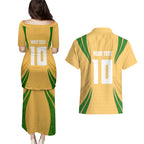 Personalized Australia Soccer Kangaroo Couples Matching Puletasi and Hawaiian Shirt Gold Green Aussie Football Mascot Dynamic Sports Graphic