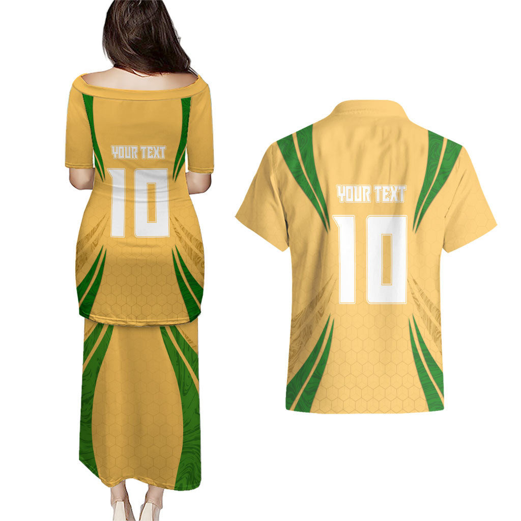 Personalized Australia Soccer Kangaroo Couples Matching Puletasi and Hawaiian Shirt Gold Green Aussie Football Mascot Dynamic Sports Graphic