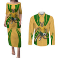 Personalized Australia Soccer Kangaroo Couples Matching Puletasi and Long Sleeve Button Shirt Gold Green Aussie Football Mascot Dynamic Sports Graphic