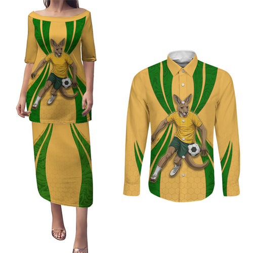 Personalized Australia Soccer Kangaroo Couples Matching Puletasi and Long Sleeve Button Shirt Gold Green Aussie Football Mascot Dynamic Sports Graphic