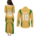 Personalized Australia Soccer Kangaroo Couples Matching Puletasi and Long Sleeve Button Shirt Gold Green Aussie Football Mascot Dynamic Sports Graphic