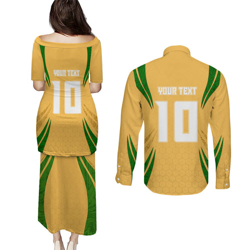 Personalized Australia Soccer Kangaroo Couples Matching Puletasi and Long Sleeve Button Shirt Gold Green Aussie Football Mascot Dynamic Sports Graphic