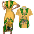 Personalized Australia Soccer Kangaroo Couples Matching Short Sleeve Bodycon Dress and Hawaiian Shirt Gold Green Aussie Football Mascot Dynamic Sports Graphic