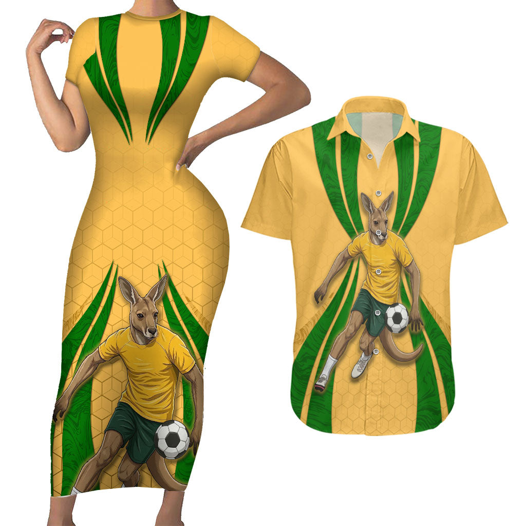 Personalized Australia Soccer Kangaroo Couples Matching Short Sleeve Bodycon Dress and Hawaiian Shirt Gold Green Aussie Football Mascot Dynamic Sports Graphic