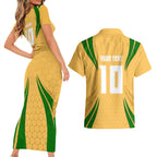 Personalized Australia Soccer Kangaroo Couples Matching Short Sleeve Bodycon Dress and Hawaiian Shirt Gold Green Aussie Football Mascot Dynamic Sports Graphic