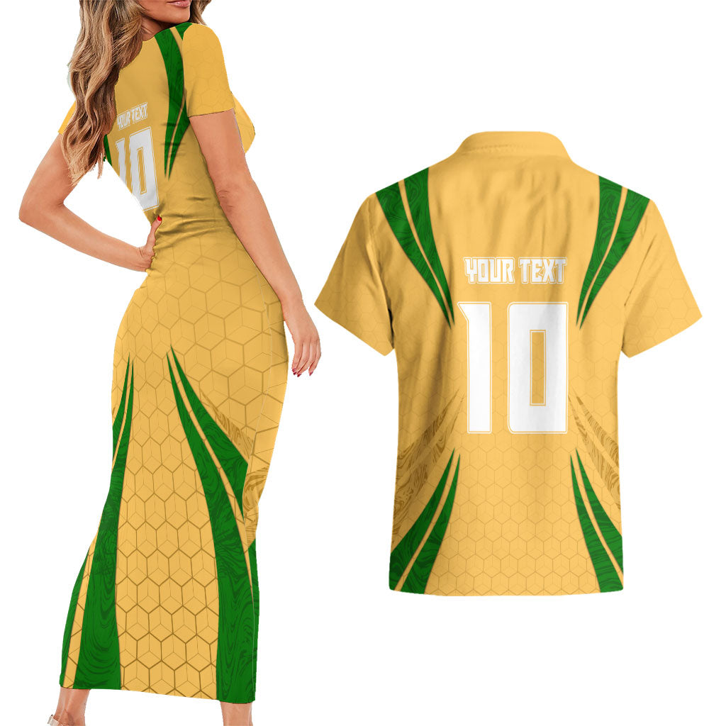 Personalized Australia Soccer Kangaroo Couples Matching Short Sleeve Bodycon Dress and Hawaiian Shirt Gold Green Aussie Football Mascot Dynamic Sports Graphic