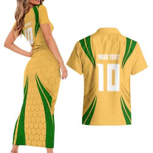 Personalized Australia Soccer Kangaroo Couples Matching Short Sleeve Bodycon Dress and Hawaiian Shirt Gold Green Aussie Football Mascot Dynamic Sports Graphic