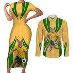 Personalized Australia Soccer Kangaroo Couples Matching Short Sleeve Bodycon Dress and Long Sleeve Button Shirt Gold Green Aussie Football Mascot Dynamic Sports Graphic