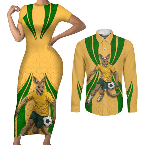Personalized Australia Soccer Kangaroo Couples Matching Short Sleeve Bodycon Dress and Long Sleeve Button Shirt Gold Green Aussie Football Mascot Dynamic Sports Graphic