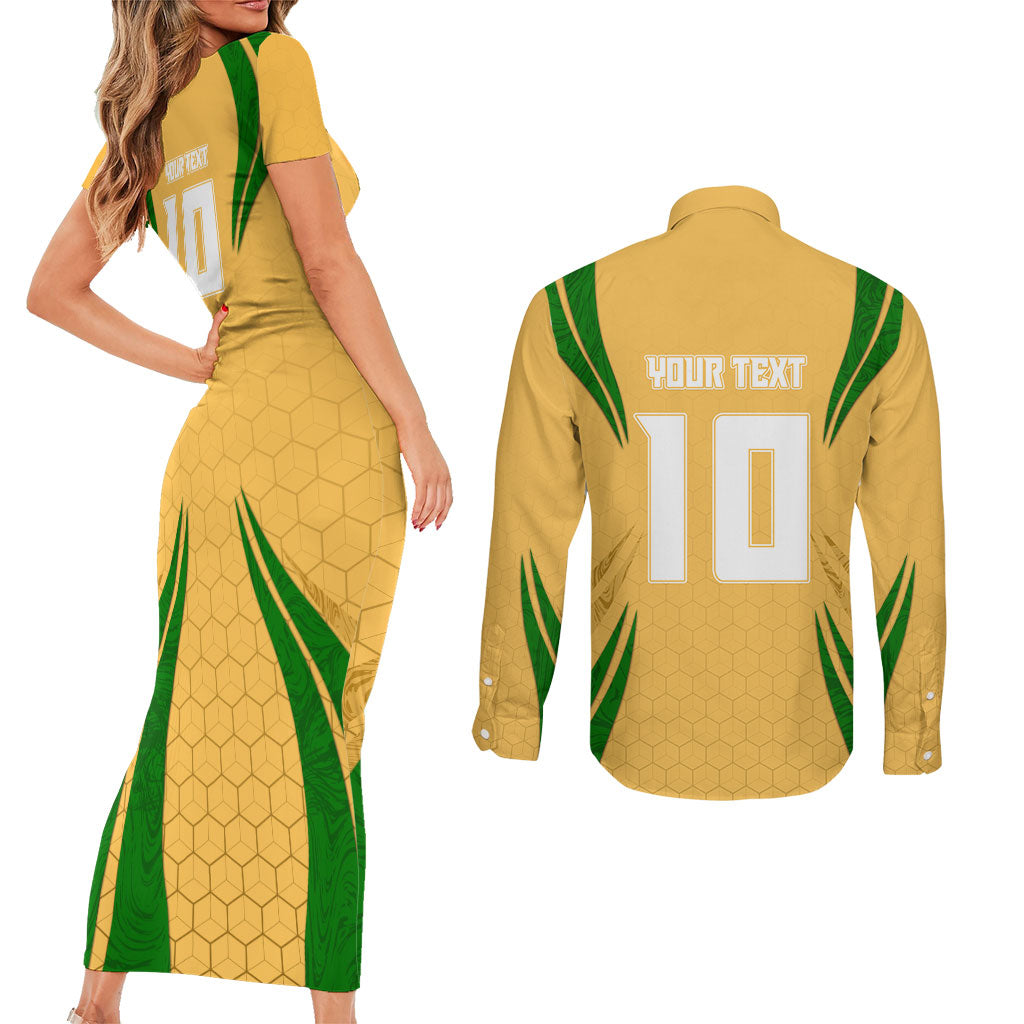 Personalized Australia Soccer Kangaroo Couples Matching Short Sleeve Bodycon Dress and Long Sleeve Button Shirt Gold Green Aussie Football Mascot Dynamic Sports Graphic