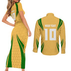 Personalized Australia Soccer Kangaroo Couples Matching Short Sleeve Bodycon Dress and Long Sleeve Button Shirt Gold Green Aussie Football Mascot Dynamic Sports Graphic