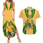 Personalized Australia Soccer Kangaroo Couples Matching Summer Maxi Dress and Hawaiian Shirt Gold Green Aussie Football Mascot Dynamic Sports Graphic