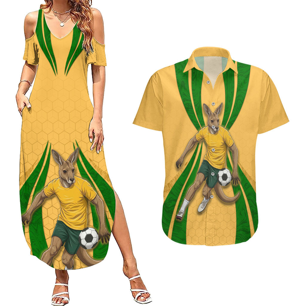 Personalized Australia Soccer Kangaroo Couples Matching Summer Maxi Dress and Hawaiian Shirt Gold Green Aussie Football Mascot Dynamic Sports Graphic