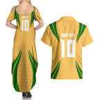 Personalized Australia Soccer Kangaroo Couples Matching Summer Maxi Dress and Hawaiian Shirt Gold Green Aussie Football Mascot Dynamic Sports Graphic