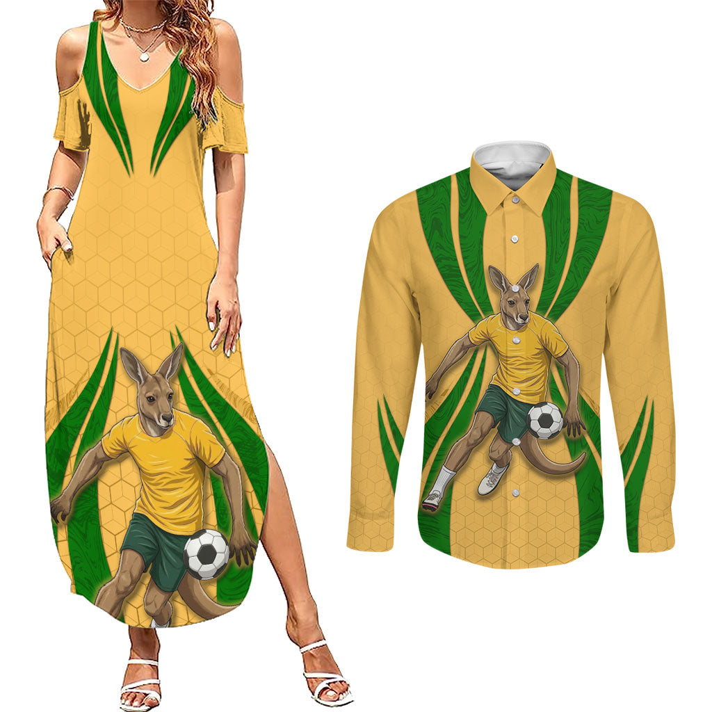 Personalized Australia Soccer Kangaroo Couples Matching Summer Maxi Dress and Long Sleeve Button Shirt Gold Green Aussie Football Mascot Dynamic Sports Graphic